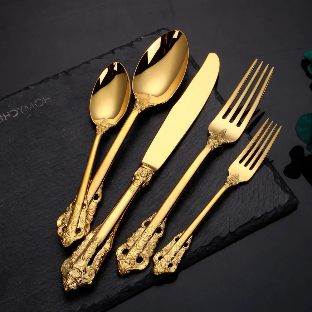 Gorgeous Gold-Plated Cutlery Set 5/10/15/20/25/30 PCS Luxury Stainless Steel Flatware Set Baroque Hollow Handle Dinner Knife