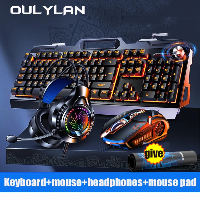 V2G5 Mechanical Touch Metal Keyboard Mouse Earphone 3pcs Set USB Wired Esports Gaming Luminous Keyboards Computer Accessories