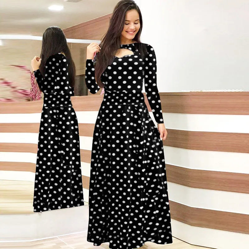 Spring /Autumn Fashion Flower Long Sleeved O-Neck Hollow Slim Fit Dress Women Elegant Long Vestido Maxi Clothes Robe Sexy Femme