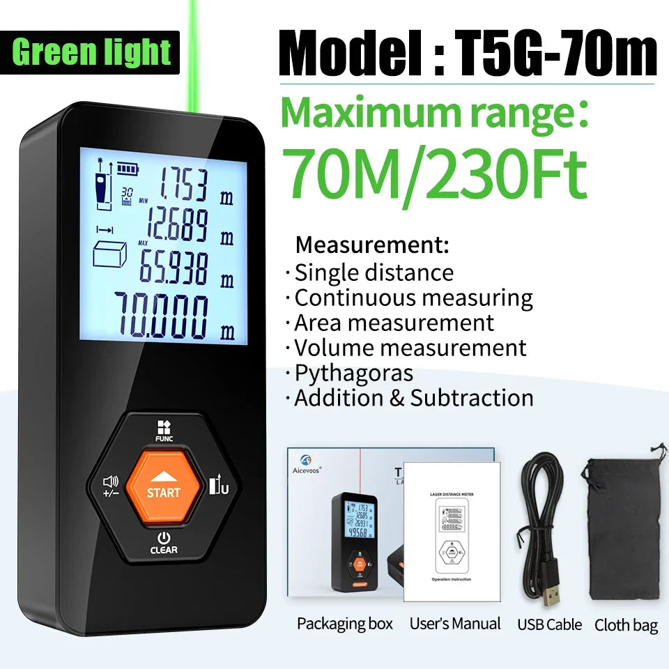 جهاز قياس المسافات الرقمي Aicevoos Green Light Laser Rangemometer 50M70M100M120M بشعاع ليزر أخضر شريط قياس ليزر Trena Roulette