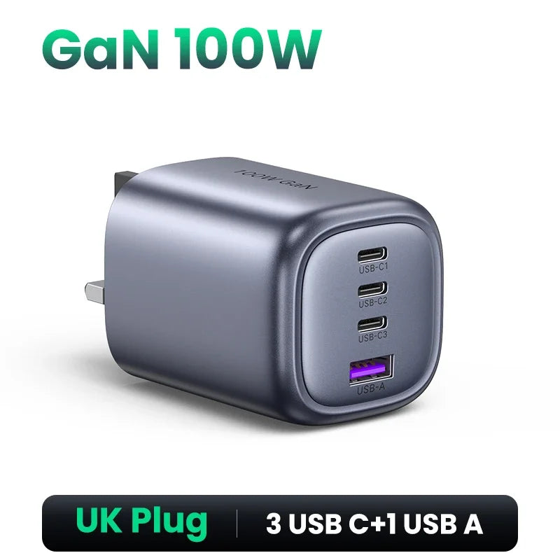 UGREEN UK Plug GaN 100W 65W Fast Charger QC 4.0 3.0  for Macbook Air Tablet iPhone 16 15 14 Pro Max Xiaomi USB Type C PD Charger