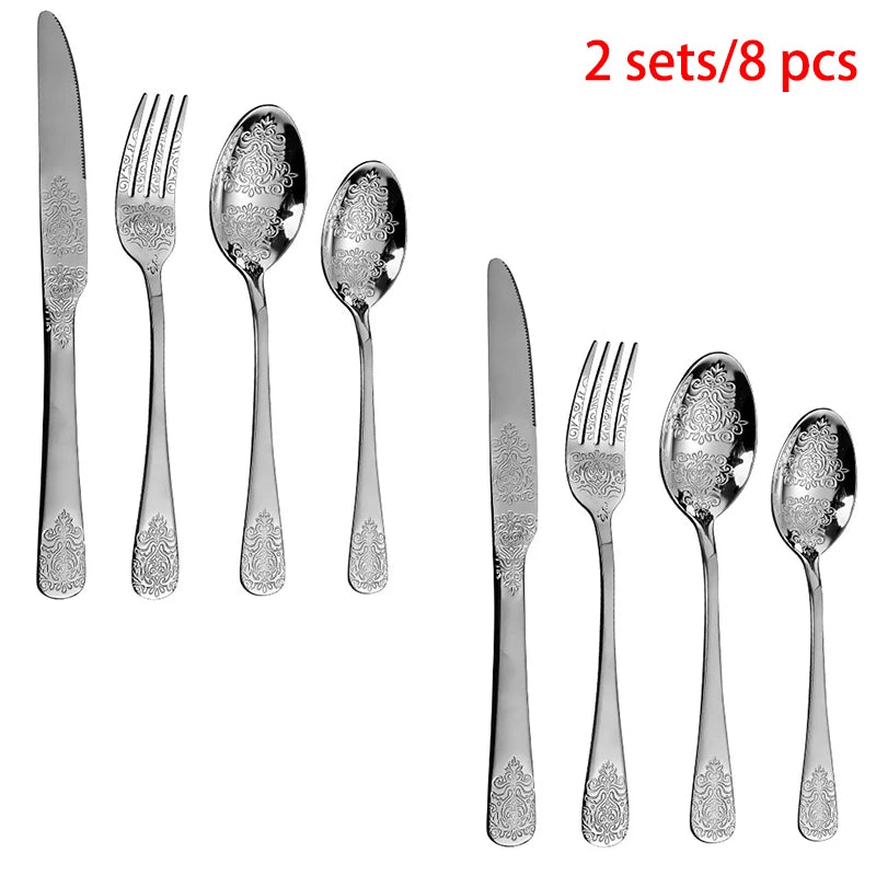 1/2/4/8/24 Pcs Gold Luxury Cutlery Sets Fork Spoon Knife Silverware Kit Vintage Carved Tableware Set European Dinnerware