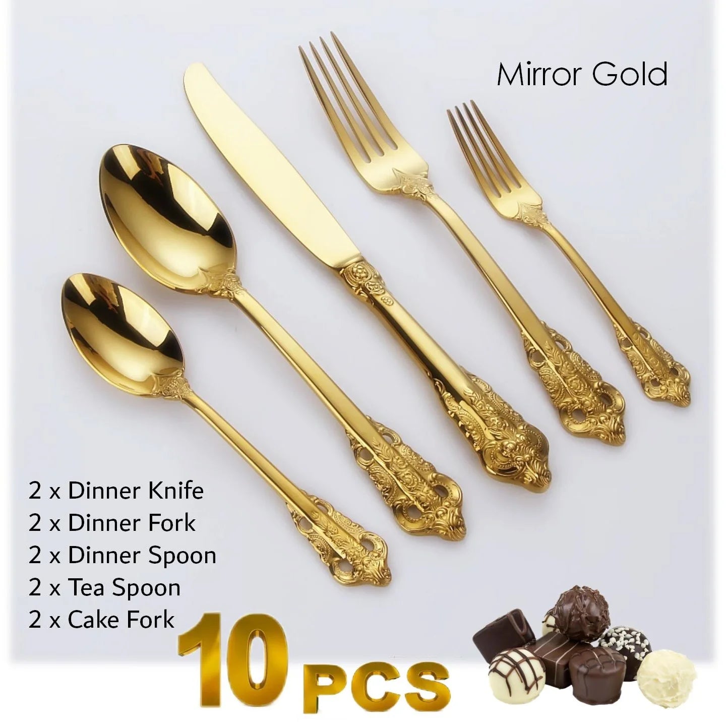 Gorgeous Gold-Plated Cutlery Set 5/10/15/20/25/30 PCS Luxury Stainless Steel Flatware Set Baroque Hollow Handle Dinner Knife