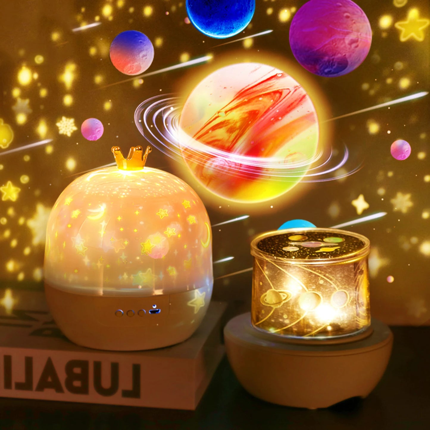 جهاز التحكم عن بعد LED Crown Starry Night Light Projection، إضاءة جو دوارة مع مكبر صوت BT للاحتفال بعيد الميلاد وR