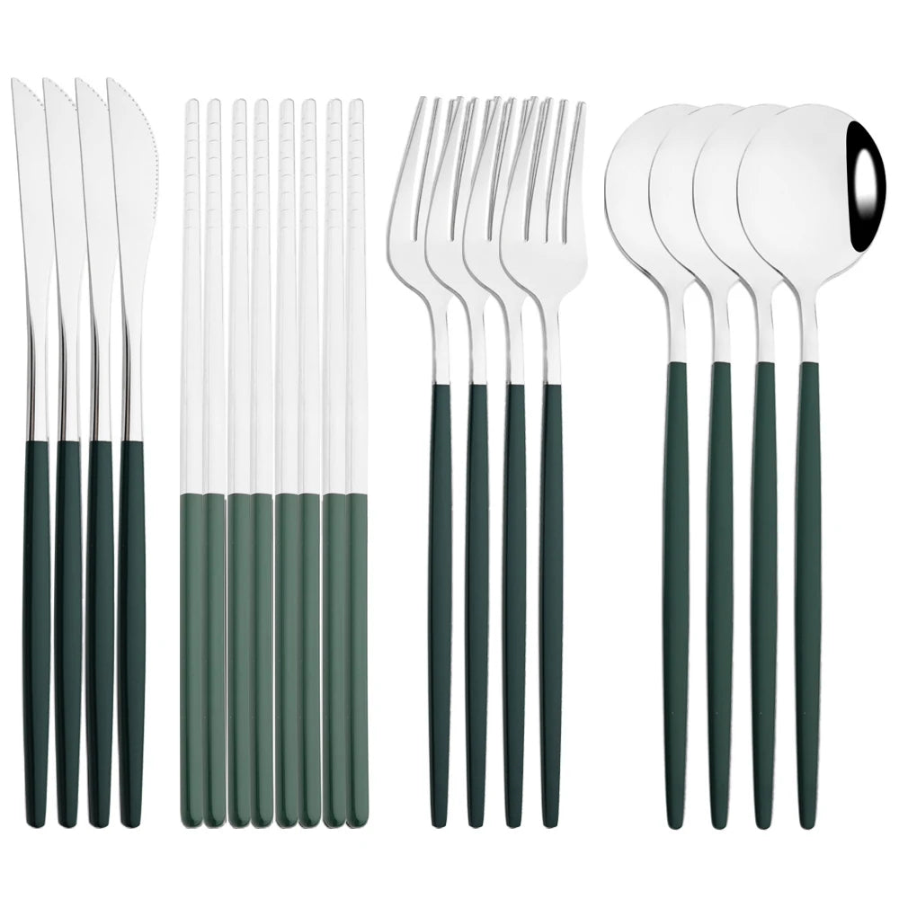 12-16Pcs Chopsticks Knife Fork Spoon Cutlery Set Green Gold Dinnerware Set Luxury Stainless Steel Flatware Korean Tableware Set