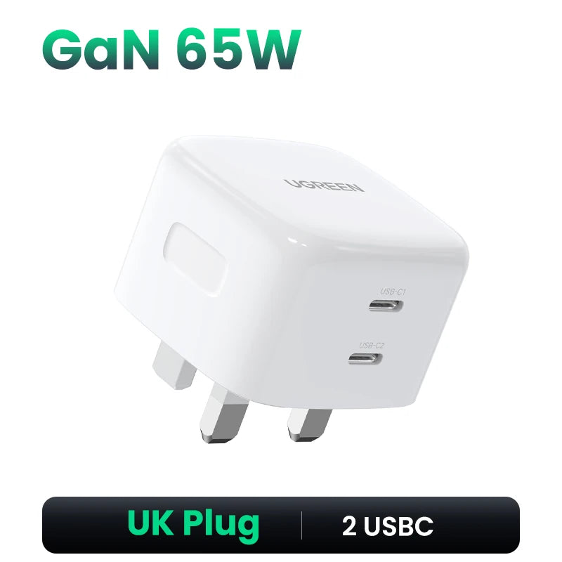 شاحن UGREEN UK Plug GaN 100W 65W سريع QC 4.0 3.0 لجهاز Macbook Air Tablet iPhone 16 15 14 Pro Max Xiaomi USB Type C PD Charger