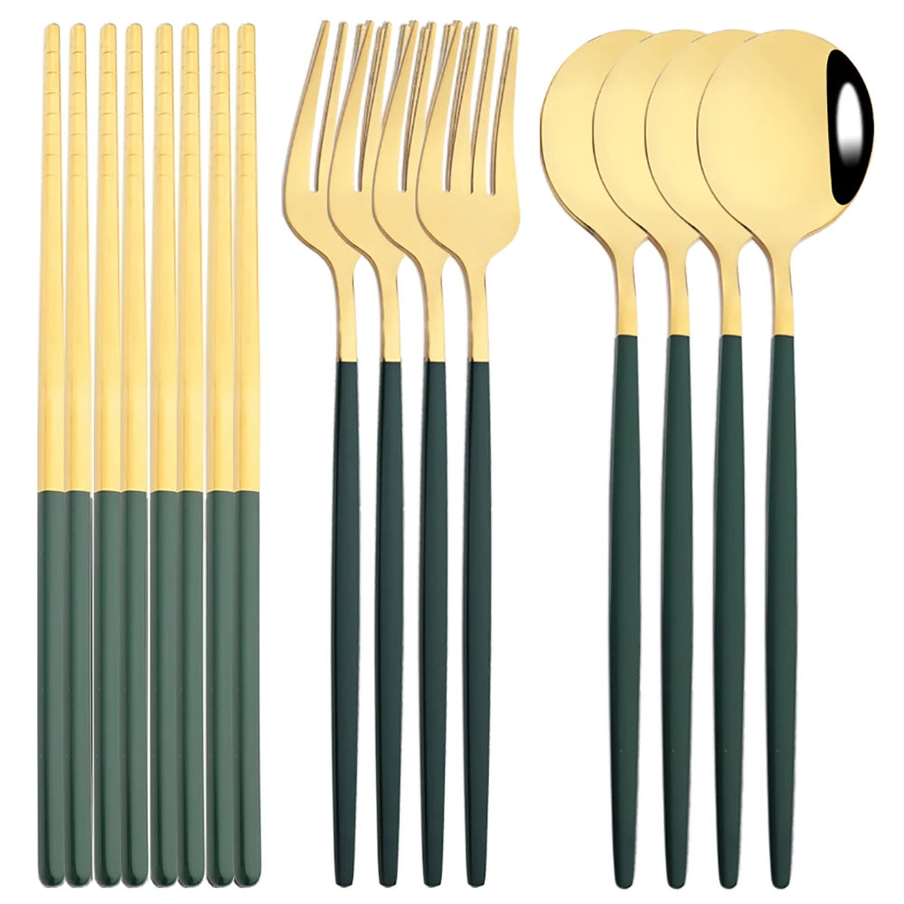 12-16Pcs Chopsticks Knife Fork Spoon Cutlery Set Green Gold Dinnerware Set Luxury Stainless Steel Flatware Korean Tableware Set