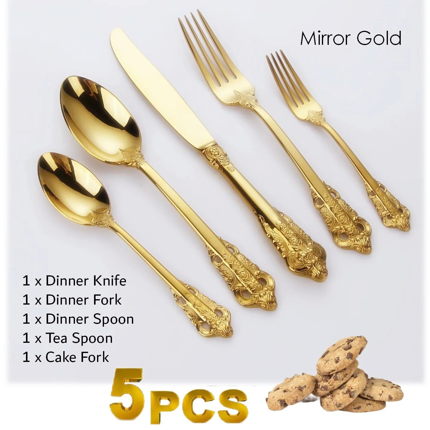 Gorgeous Gold-Plated Cutlery Set 5/10/15/20/25/30 PCS Luxury Stainless Steel Flatware Set Baroque Hollow Handle Dinner Knife