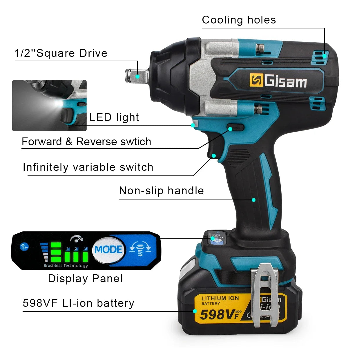 Gisam 1800N.M Torque Brushless Electric Impact Wrench 1/2 inch Screwdriver Cordless Wrench Power Tools For Makita 18V Battery