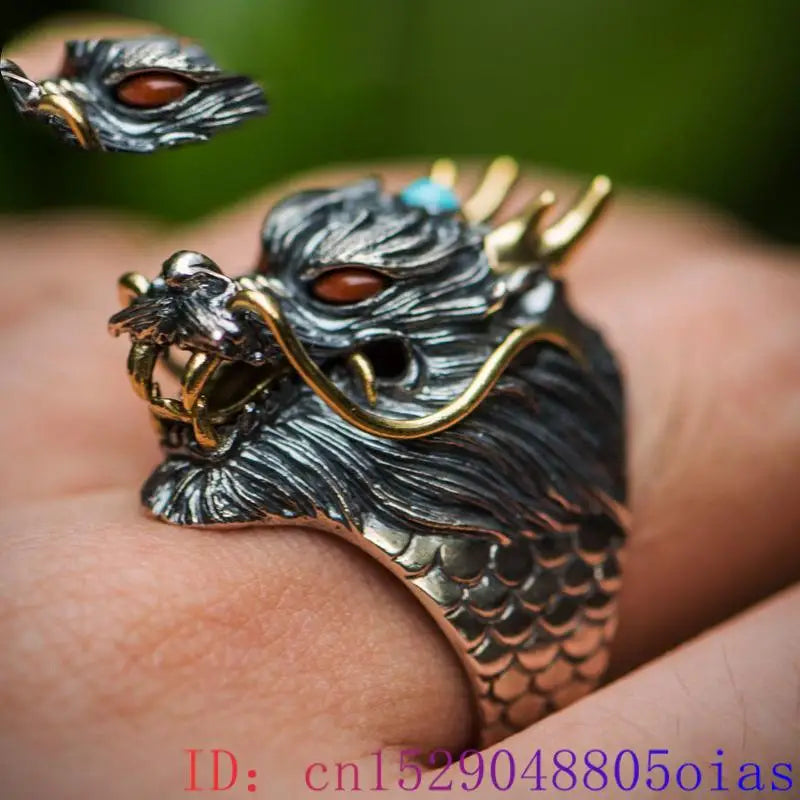 925 Silver Turquoise Dragon Ring Charm Amulet Vintage Real Jewelry Talismans Gifts Designer Luxury Natural Jade Fashion