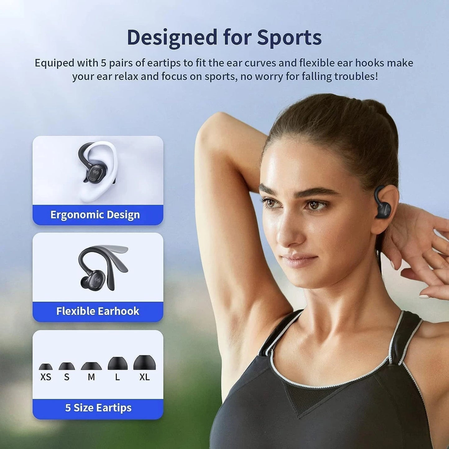 TWS Earhook Earbuds, True Wireless Stereo Earphones, Sport Headset, In Ear Headphones With LED Charging Case