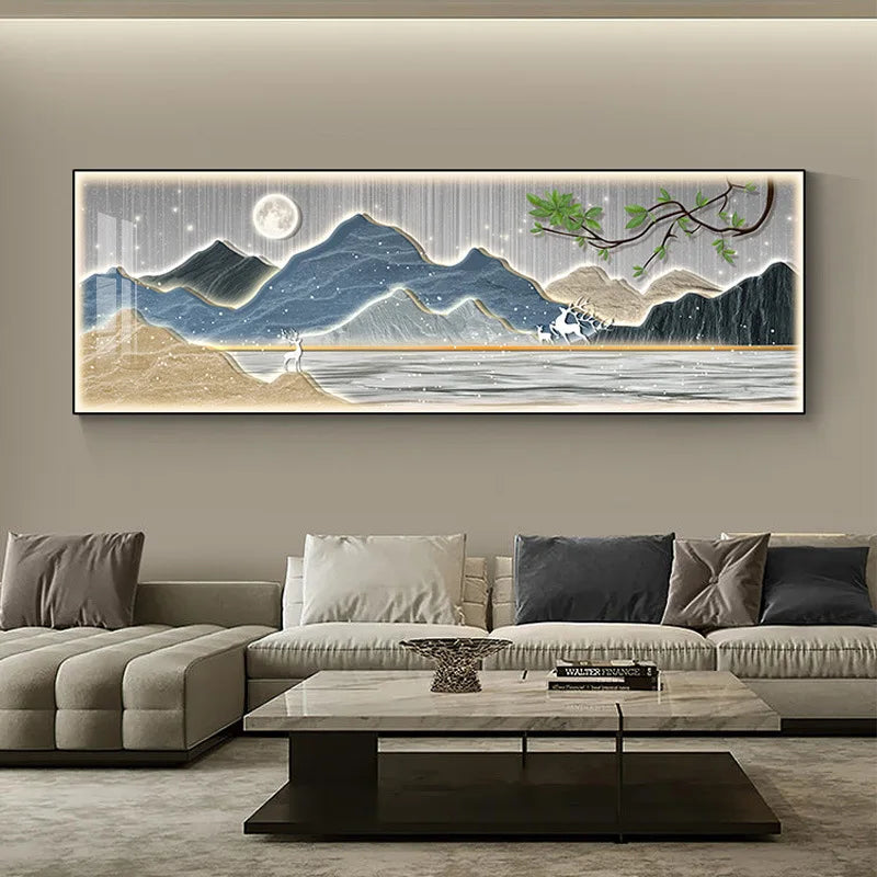 New Chinese Fengshui Mountain Canvas Painting Luxury Deer Landscape Posters Wall Pictures for Living Room Bedroom Decor Unframed