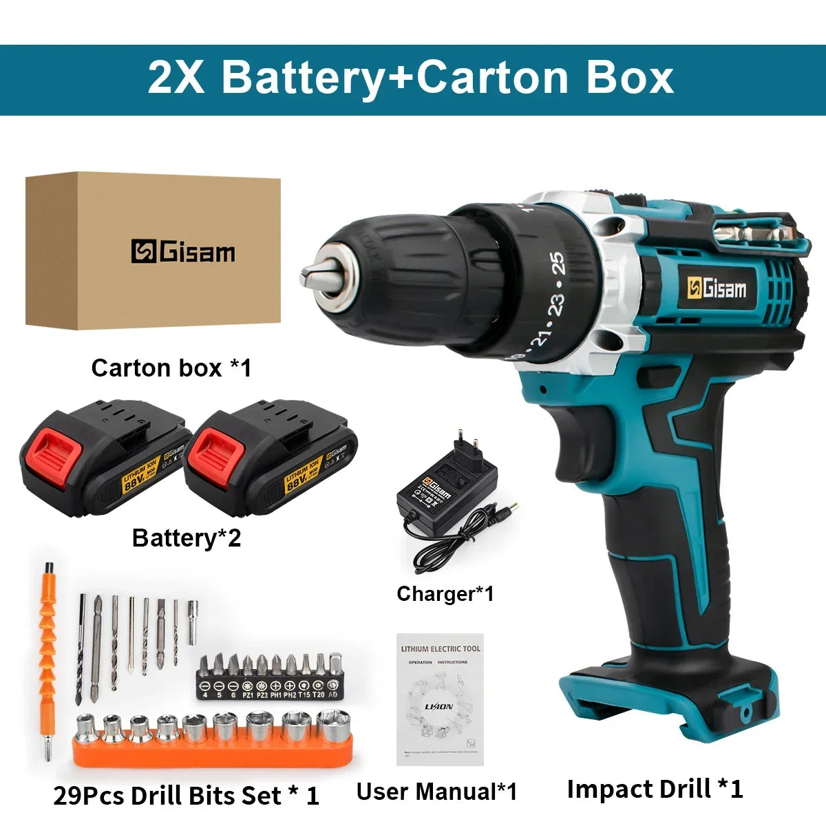 Gisam Battery Impact Screwdriver Multifunctional Cordless Drill Power Tool 25+3 Torque Setting 2 Gear Speed Electric Screwdriver