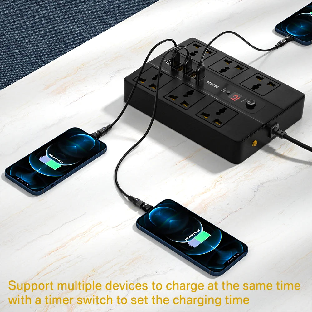 6 Port USB Charger With 6 AC Outlets 3000W Power Strip, PD 20W QC3.0 Quick Charge Type C Charging Station For iPhone 13 12 11 X