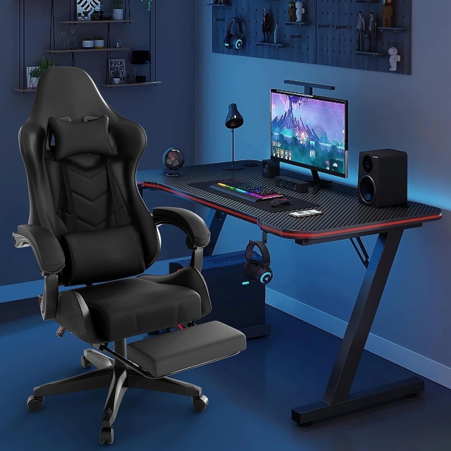 ﻿  Leather Office Gaming Chair with Ergonomic and Lumbar Support Retractable Footrests Silent Casters