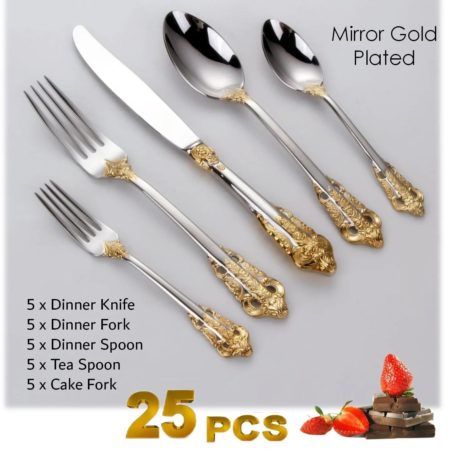 Gorgeous Gold-Plated Cutlery Set 5/10/15/20/25/30 PCS Luxury Stainless Steel Flatware Set Baroque Hollow Handle Dinner Knife