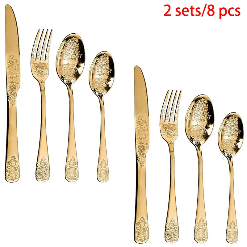 1/2/4/8/24 Pcs Gold Luxury Cutlery Sets Fork Spoon Knife Silverware Kit Vintage Carved Tableware Set European Dinnerware