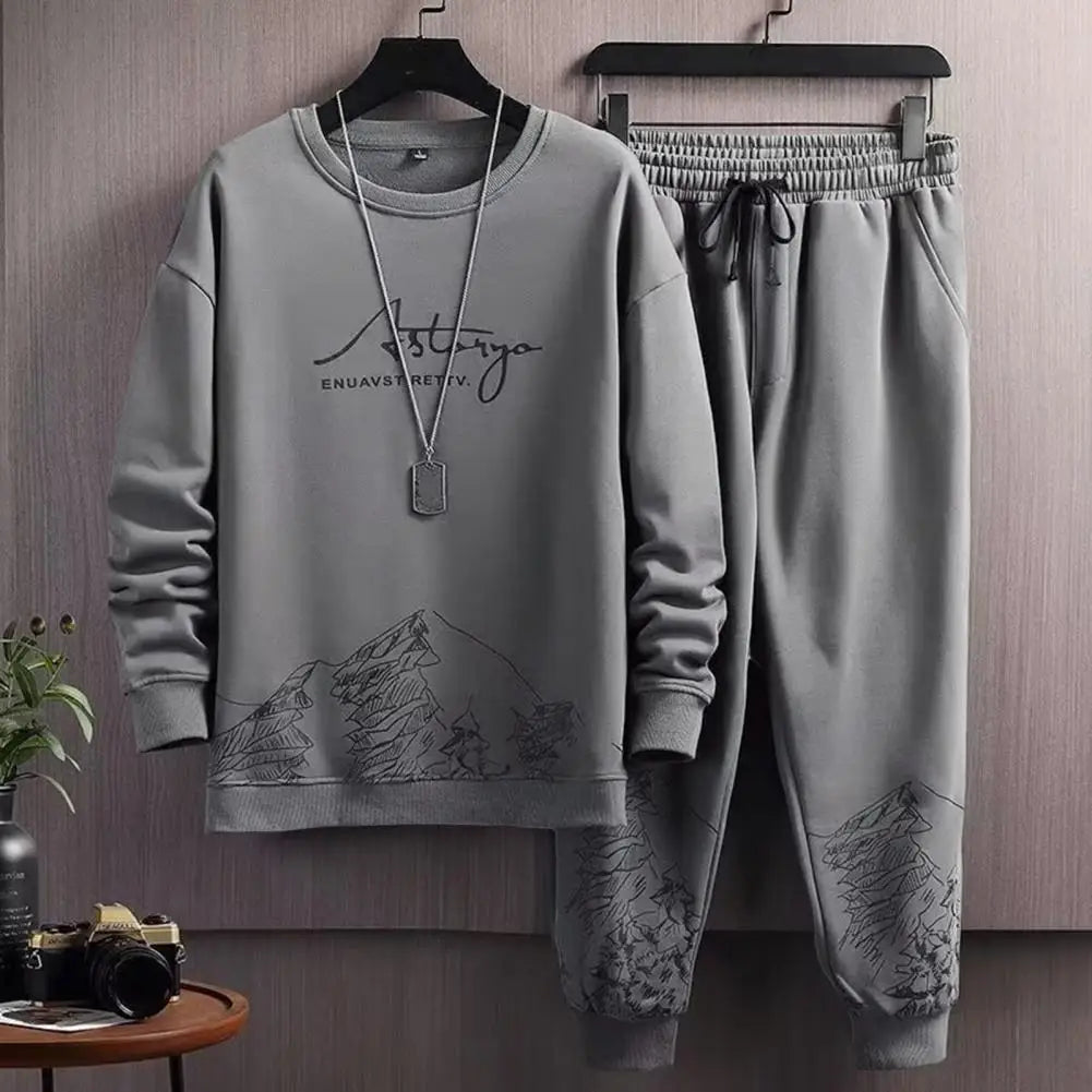 Comfortable Men Track Suit Men's Mountain Print Tracksuit Set with O-neck Sweatshirt Drawstring Jogger Pants for Autumn Winter