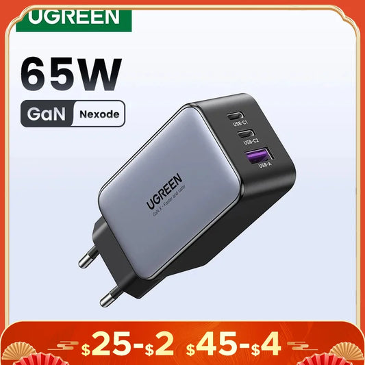 شاحن UGREEN GaN بقوة 65 وات بتقنية الشحن السريع 4.0 3.0 USB C لأجهزة iPhone 16 15 14 Pro Max والكمبيوتر المحمول وMacbook Air والكمبيوتر اللوحي وشاحن PD السريع