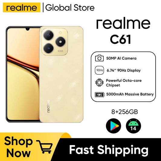 هاتف Realme C61 الذكي بشاشة 6.74 بوصة ومعدل تحديث 90 هرتز، يعمل بنظام Android 14، وكاميرا AI بدقة 50 ميجابكسل، وبطارية 5000 مللي أمبير في الساعة، ومحرك AI بقوة 15 وات، وشحن SUPERVOOC بقوة 15 وات