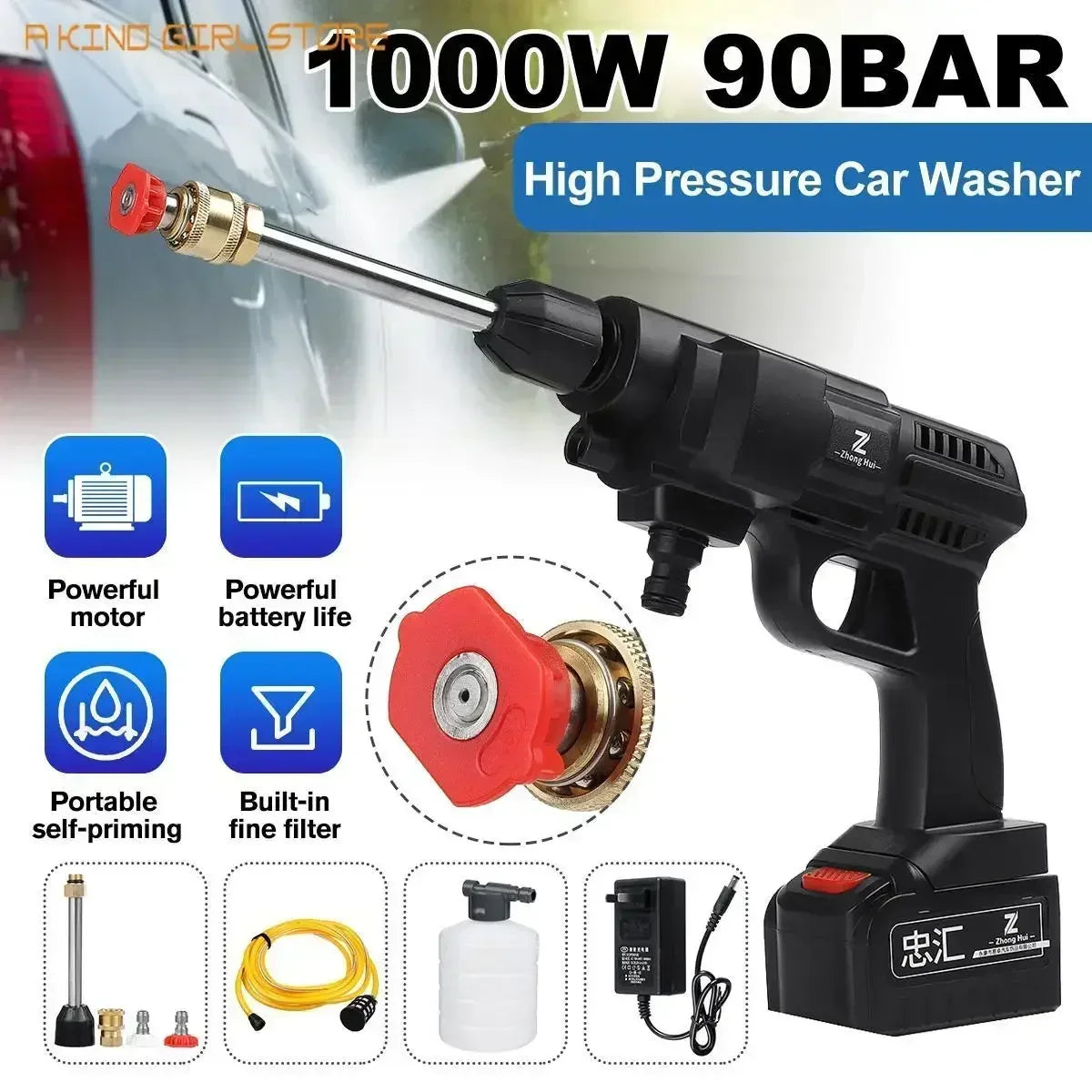 1000W 100Bar Wireless High Pressure Car Wash Washer Gun 7500mAh Foam Generator Water Gun Spray Cleaner Car Washing Machine