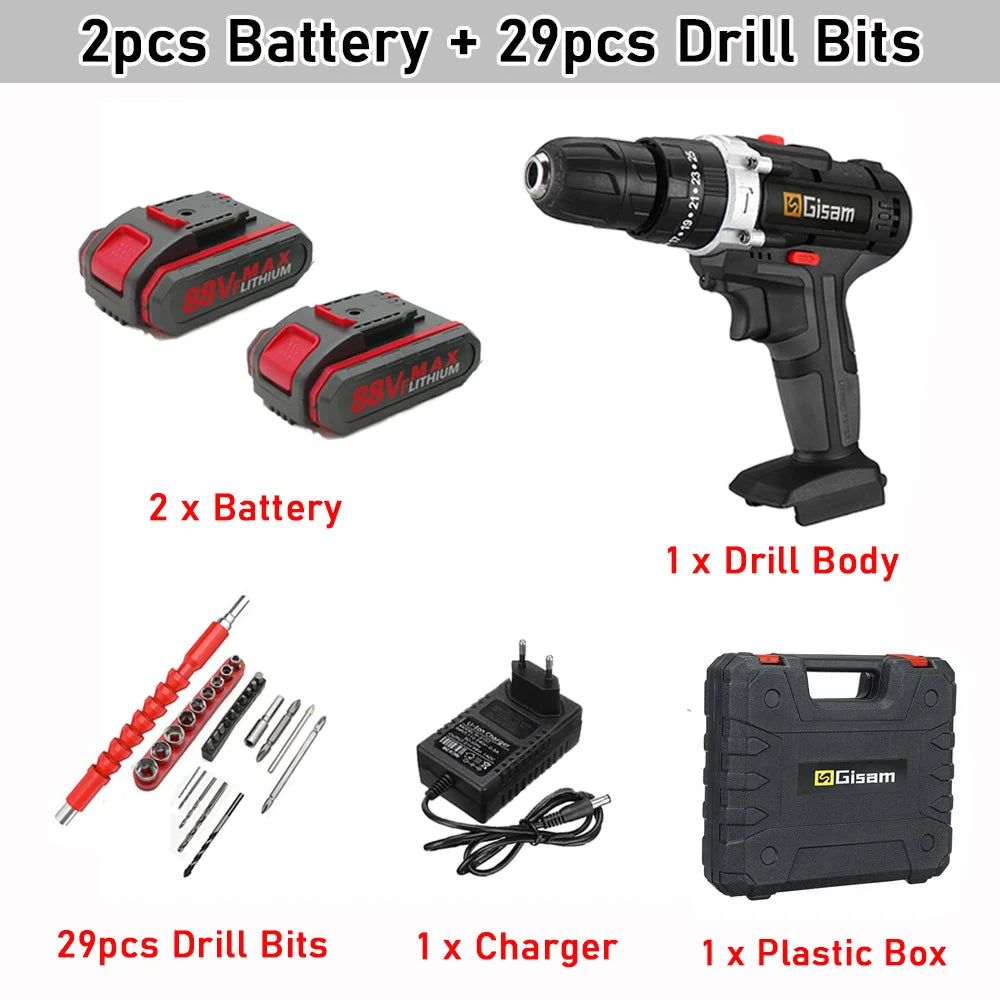 Gisam 88VF Electric Impact Drill Cordless Electric Screwdriver Drill Rechargeable Lithium Battery 2 Speeds Household Power Tools