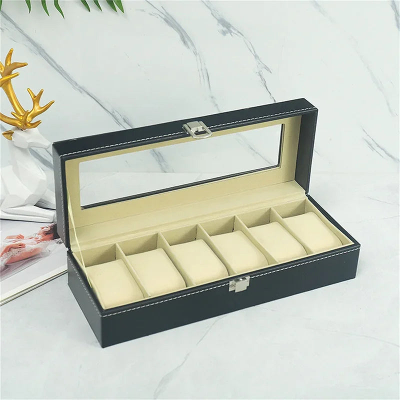 Classical 6 Slots Watch Display Box PU Leather Watches Storage Boxes With Lock Wristwatch Collection Organizer For Men and Women