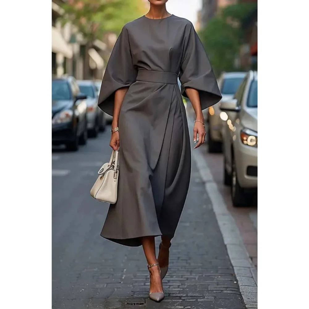 Spring Autumn Fashion OL Dress Women Elegant Solid Round Neck Flared Sleeves High Waist Straight Tube Long Dress Women 2025 New