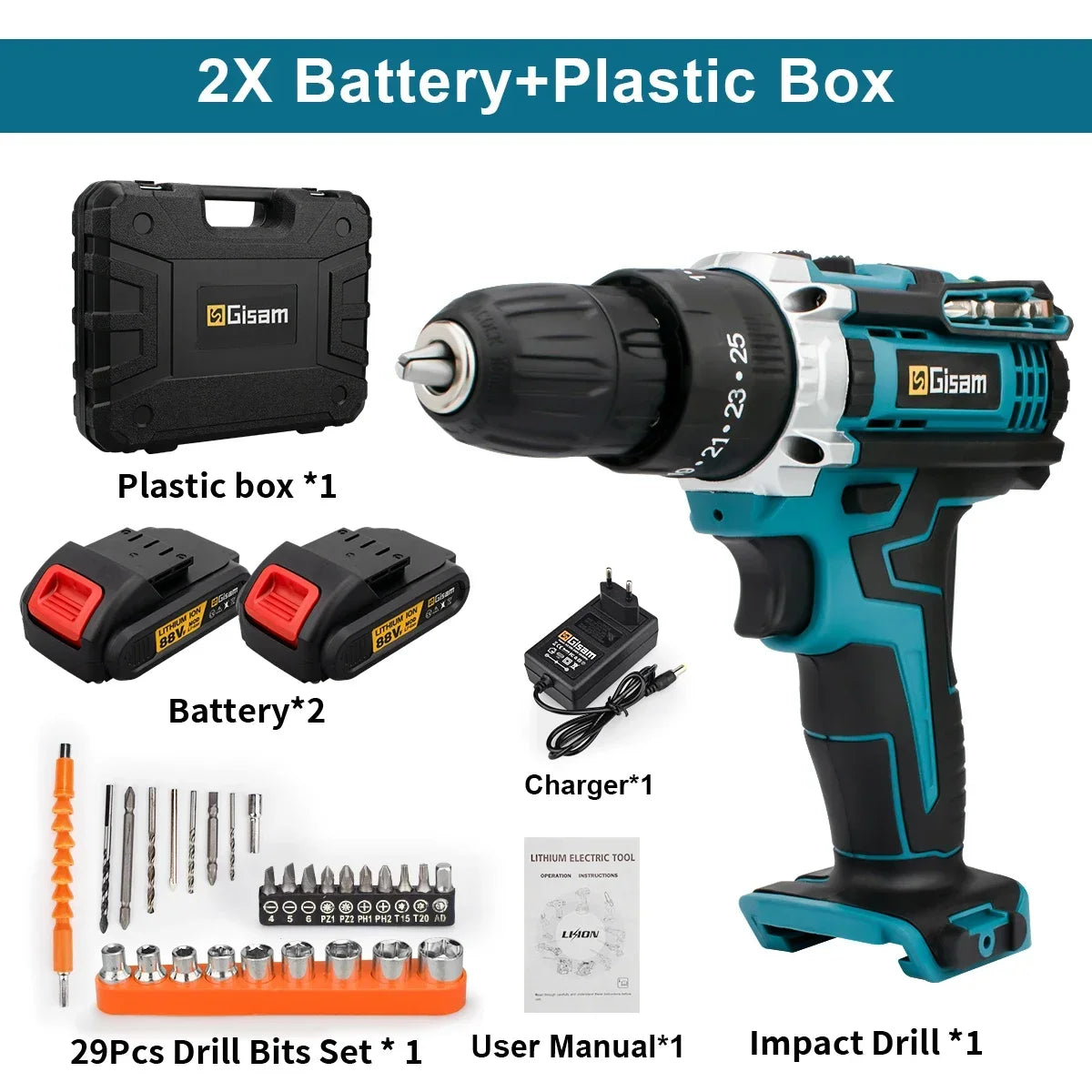 Gisam Battery Impact Screwdriver Multifunctional Cordless Drill Power Tool 25+3 Torque Setting 2 Gear Speed Electric Screwdriver