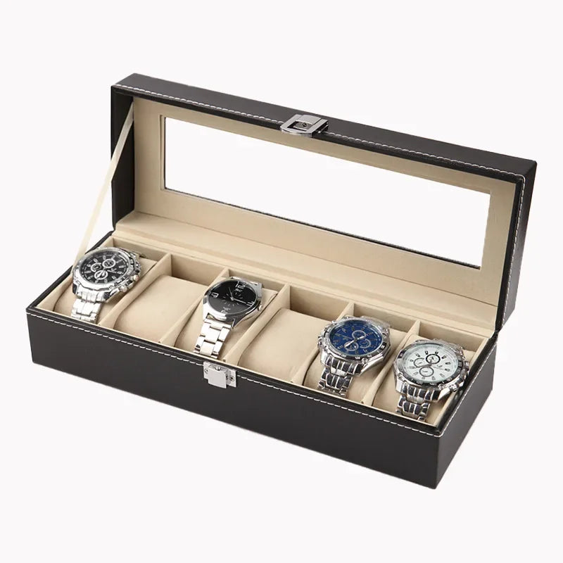 Classical 6 Slots Watch Display Box PU Leather Watches Storage Boxes With Lock Wristwatch Collection Organizer For Men and Women