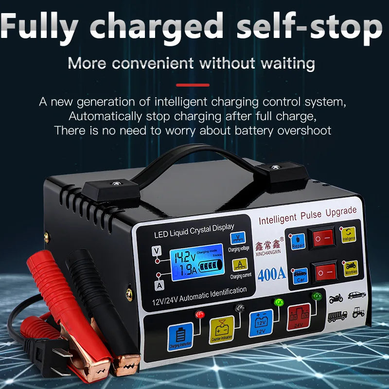 220W Car Battery Charger 12V 24V High Frequency Intelligent Pulse Repair Charger Fully Automatic Battery Charge LCD Display