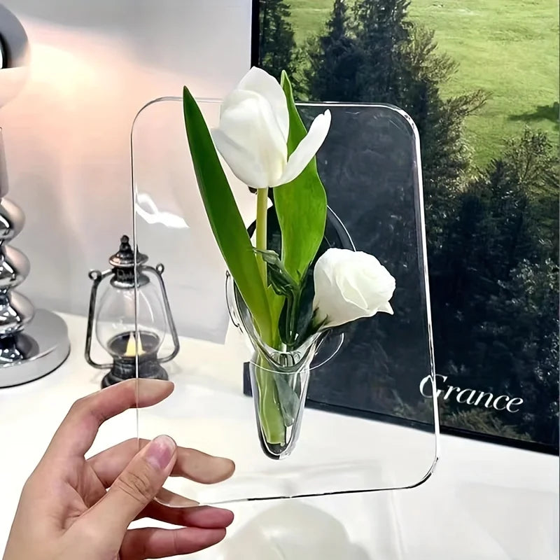 Acrylic Transparent Picture Frame Vase - Waterproof Modern Art Centerpiece, Unique Decorative Room Desk Vase for Living Room, Be