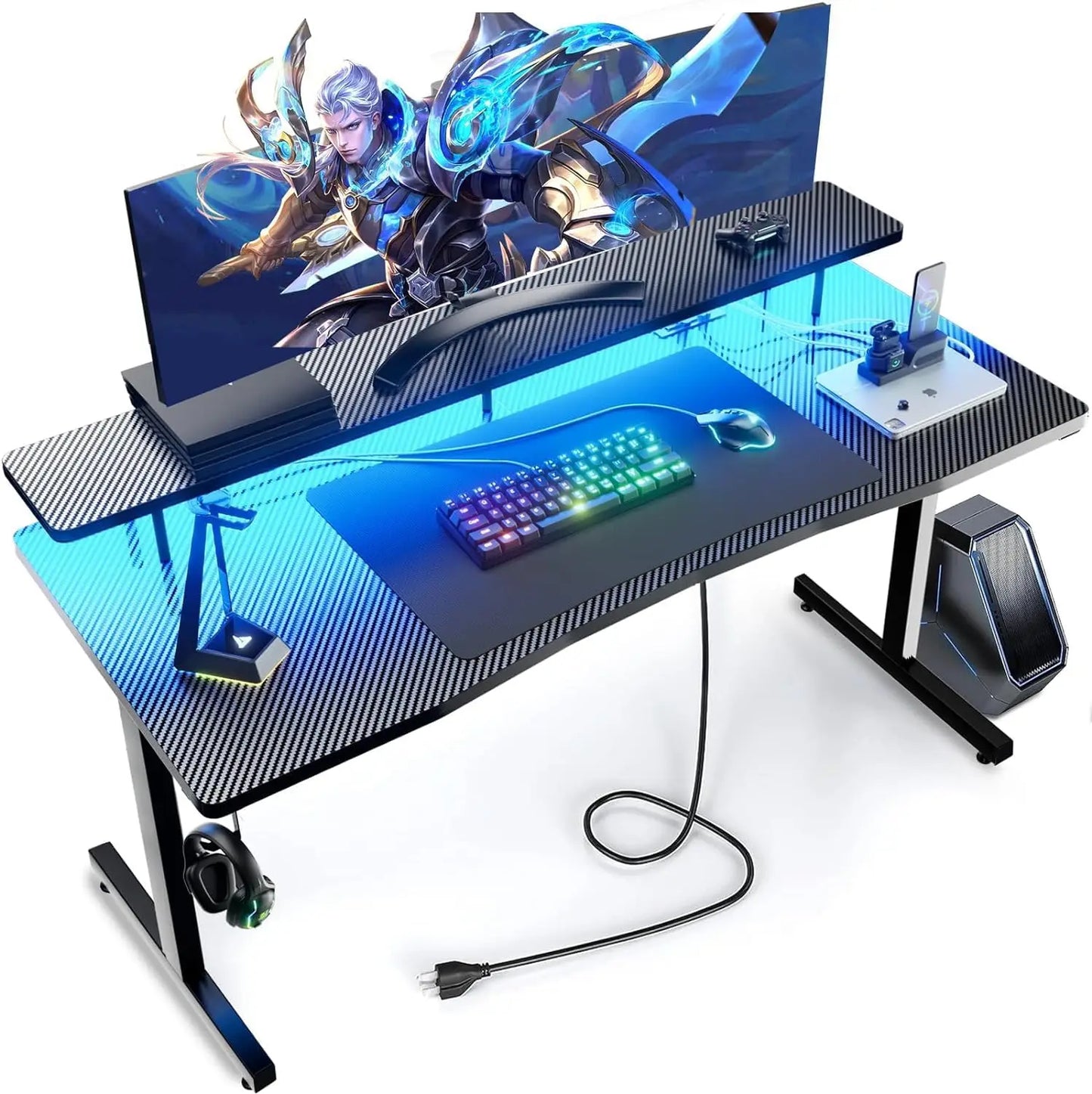 Chulovs 140cm Gaming Desk with RGB LED Lights & Power Outlets, Computer Desk with Monitor Stand, Headphone Hook