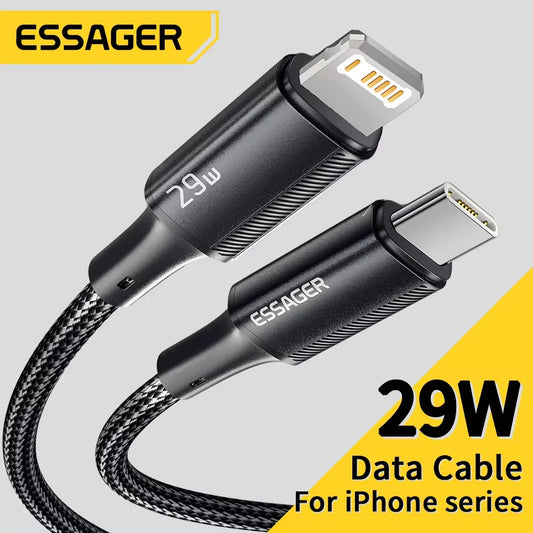 كابل USB C من Essager لهاتف iPhone 14 13 12 11 Pro Max Xs 8 Plus iPad Macbook سلك 29 وات PD شحن سريع من النوع C إلى كابل بيانات لايتنينج