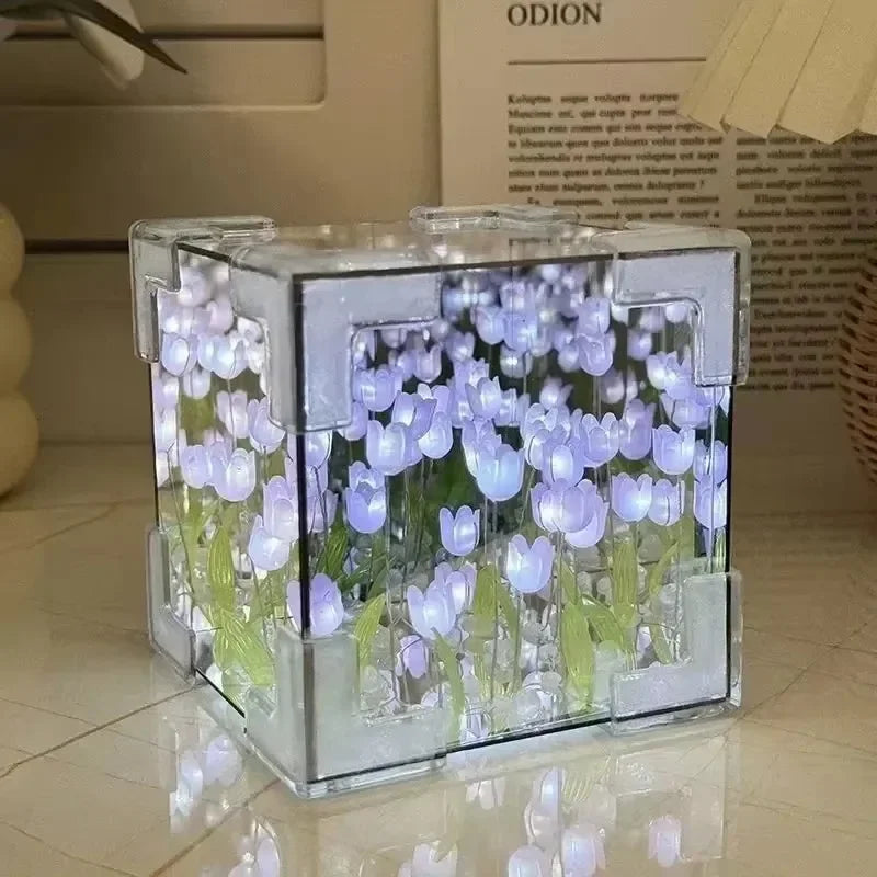 DIY Tulip Mirror Cube Lamp Flower Table Lamp Handmade Romantic Valentines Day Lamp Tulips Home Decorations Gift for Girlfriend