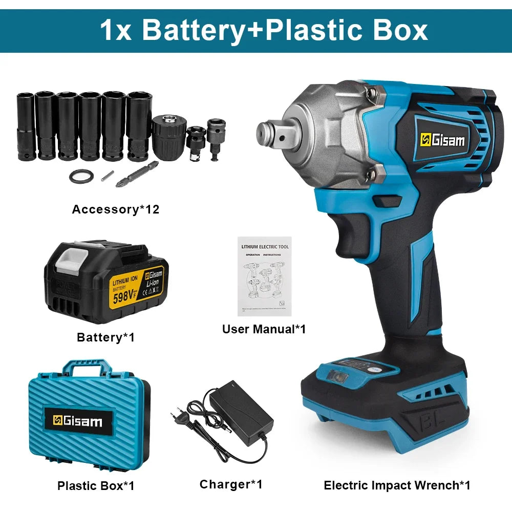 Gisam  1200N.M Brushless Electric Impact Wrench 1/2 inch Screwdriver Cordless Electric Wrench Power Tools for Makita 18V Battery