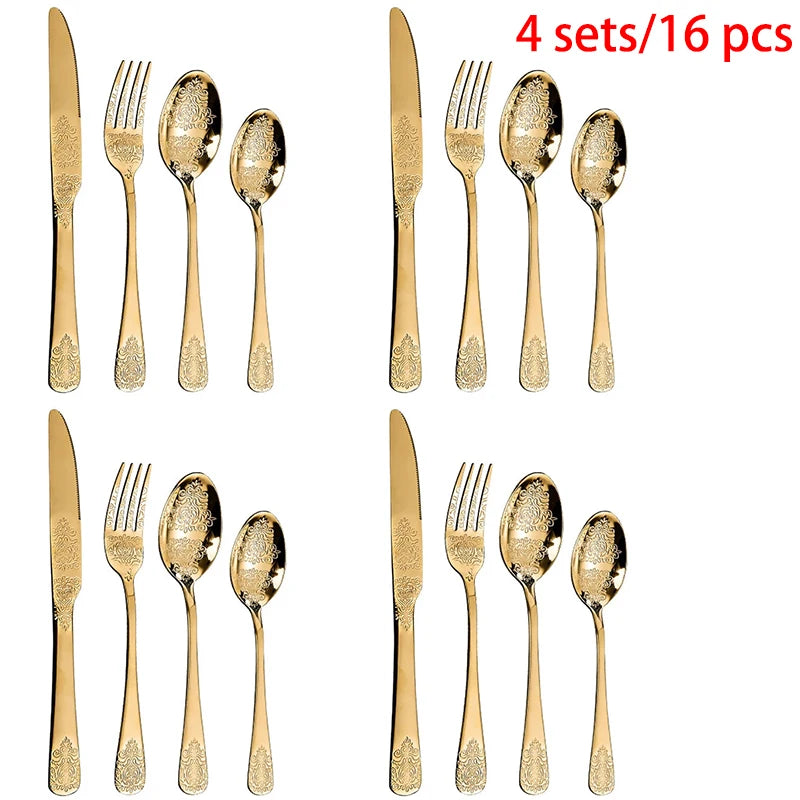 1/2/4/8/24 Pcs Gold Luxury Cutlery Sets Fork Spoon Knife Silverware Kit Vintage Carved Tableware Set European Dinnerware