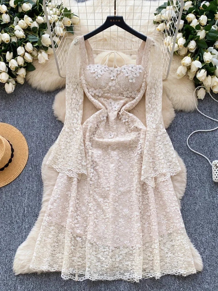 Spring France Elegant Vintage High End Evening Dress Women 3D Flower Lace Hollow Out Party Dress Female Casual Chic Clothing New