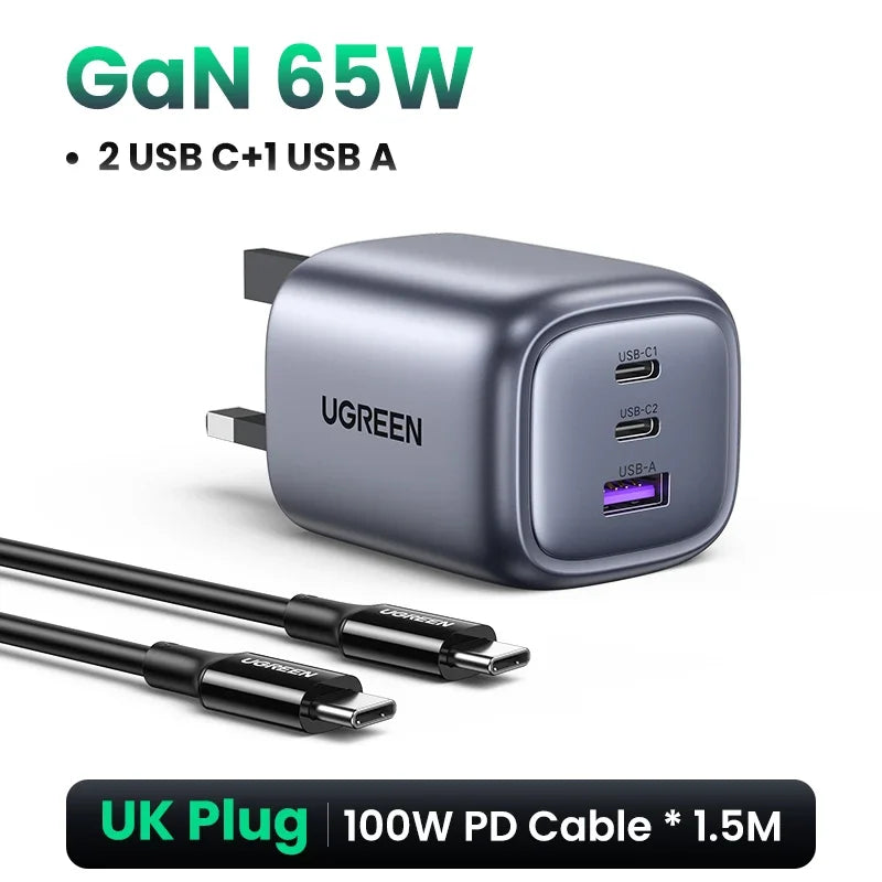 شاحن UGREEN UK Plug GaN 100W 65W سريع QC 4.0 3.0 لجهاز Macbook Air Tablet iPhone 16 15 14 Pro Max Xiaomi USB Type C PD Charger