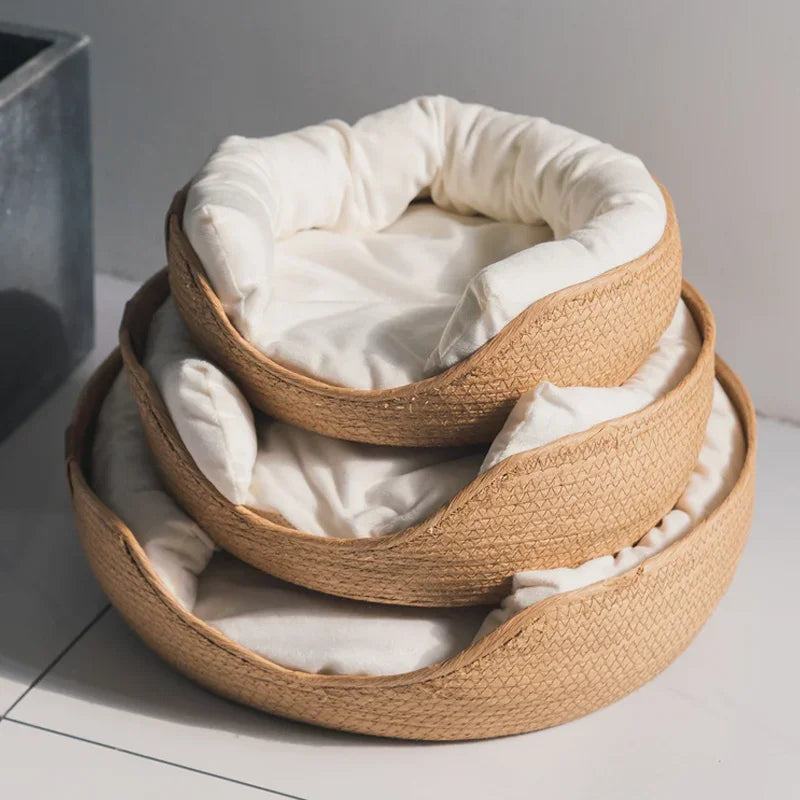 Pet Bed Cat Mat Kennel Dog Beds Sofa Bamboo Weaving Four Season Cozy Nest Baskets Waterproof Removable Cushion Sleeping Bag Toys