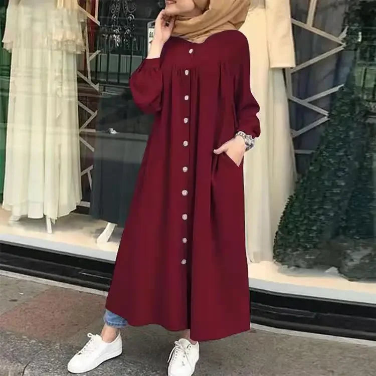 Plus Size 4XL 5XL Women's Casual Muslim Dress Button Solid Long Sleeve Shirt Dress Pocket Robe Abayas for Women Open Abaya Dress