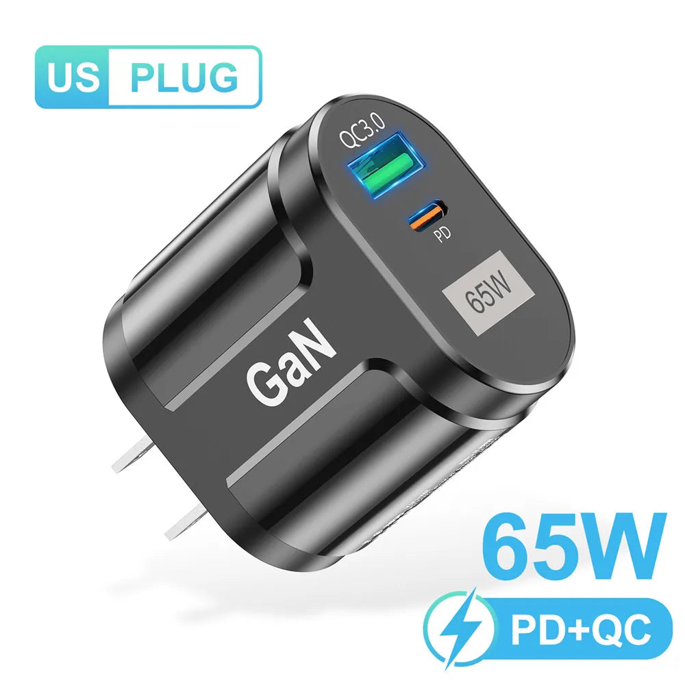 USLION 65W GaN USB Charger AU EU US UK Plug Fast Charging Tablet Laptop USB C Quick Charge QC 3.0 Mobile Phone Charger Travel