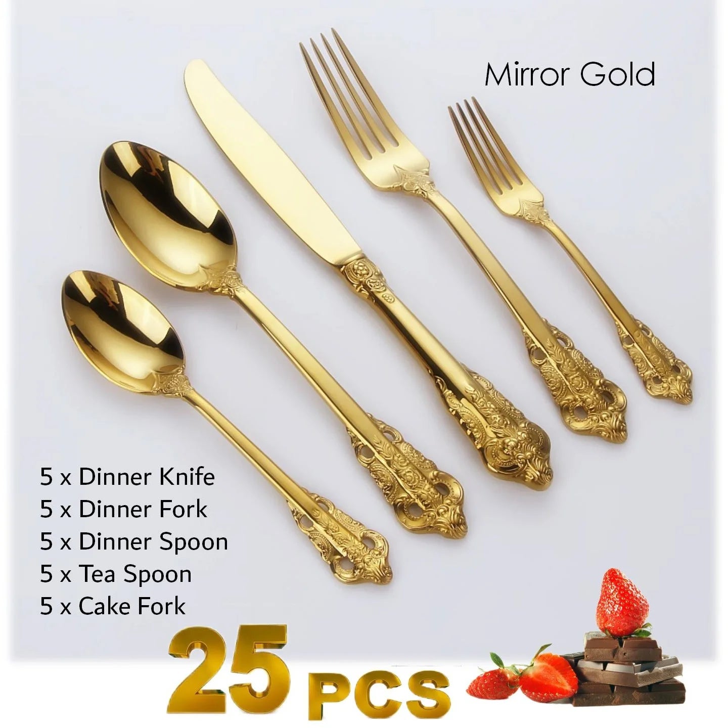 Gorgeous Gold-Plated Cutlery Set 5/10/15/20/25/30 PCS Luxury Stainless Steel Flatware Set Baroque Hollow Handle Dinner Knife