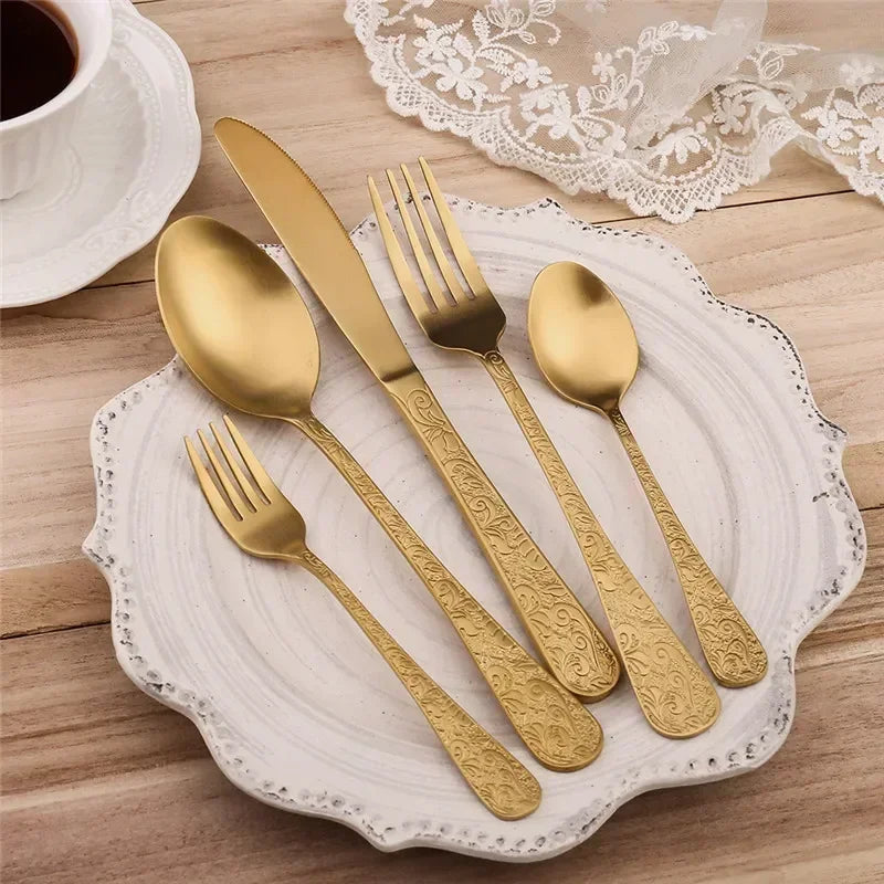 Elegant Western Tableware Set Golden Phoenix Pattern Stainless Steel Spoon and Fork Set Retro Relief Luxury Cutlery Home Decor