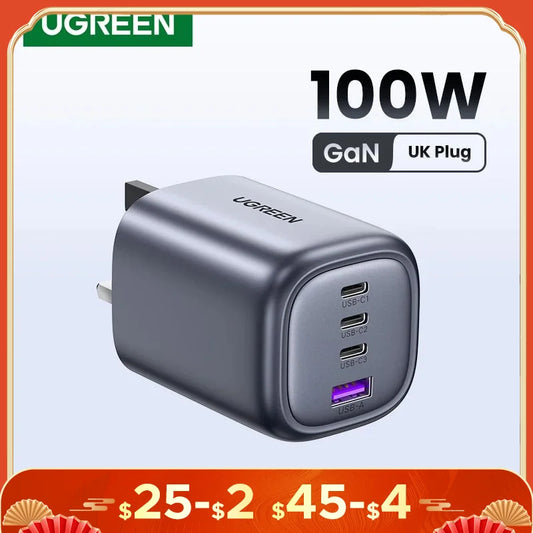 شاحن UGREEN UK Plug GaN 100W 65W سريع لأجهزة Macbook اللوحية وشحن سريع لأجهزة iPhone وXiaomi USB Type C PD Charge لأجهزة iPhone 13