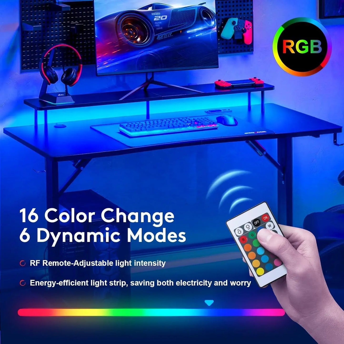 مكتب ألعاب Chulovs مقاس 140 سم مع أضواء LED RGB ومنافذ طاقة، مكتب كمبيوتر مع حامل شاشة وخطاف سماعة رأس