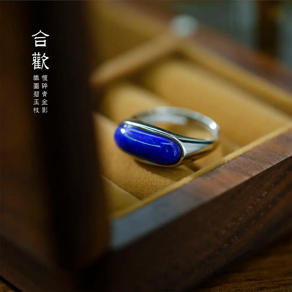 Natural Lapis Lazuli Blue Ring Old Material Emperor Green S925 Silver Gold Plated Niche Design Retro French Adjustable Ring