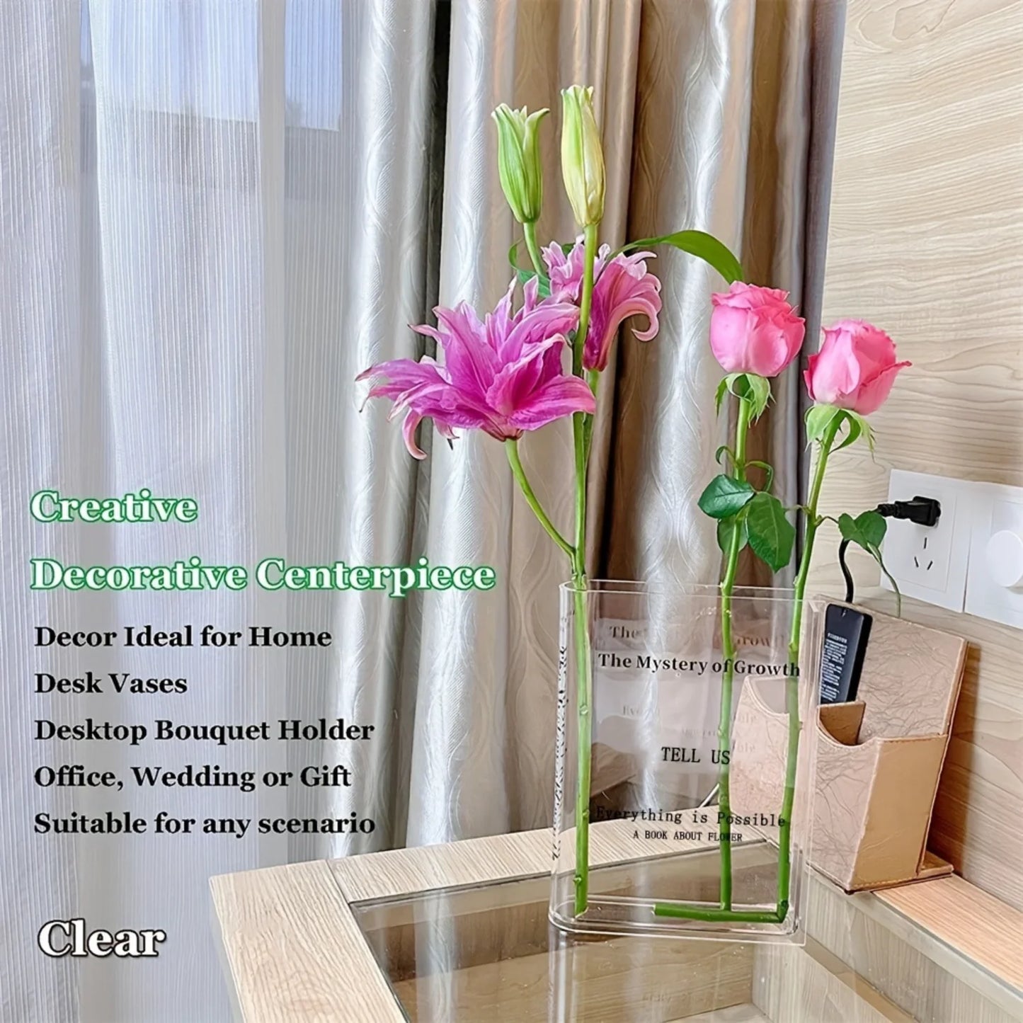 Unique Transparent Flower Vase & Book Vase Set for Bedroom Office Decoration - Aesthetic Room Décor Glass dome with base Rattan