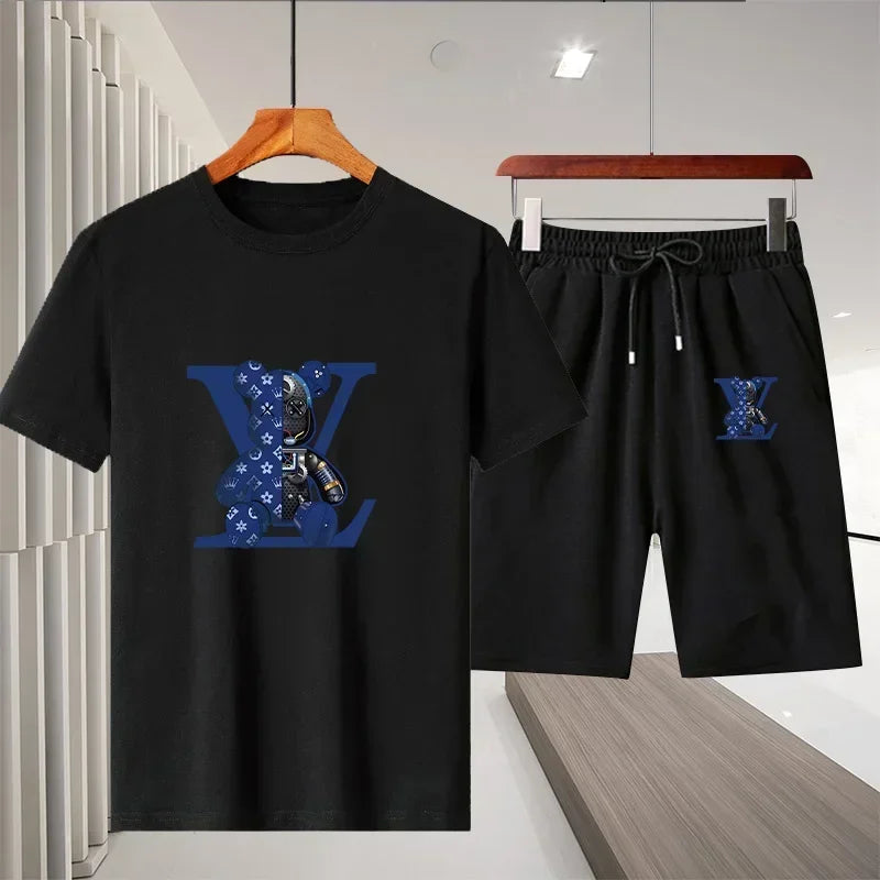 New 2025 Summer fashion men's breathable T-shirt + quick-drying shorts two-piece outdoor casual men's and women's sports suit