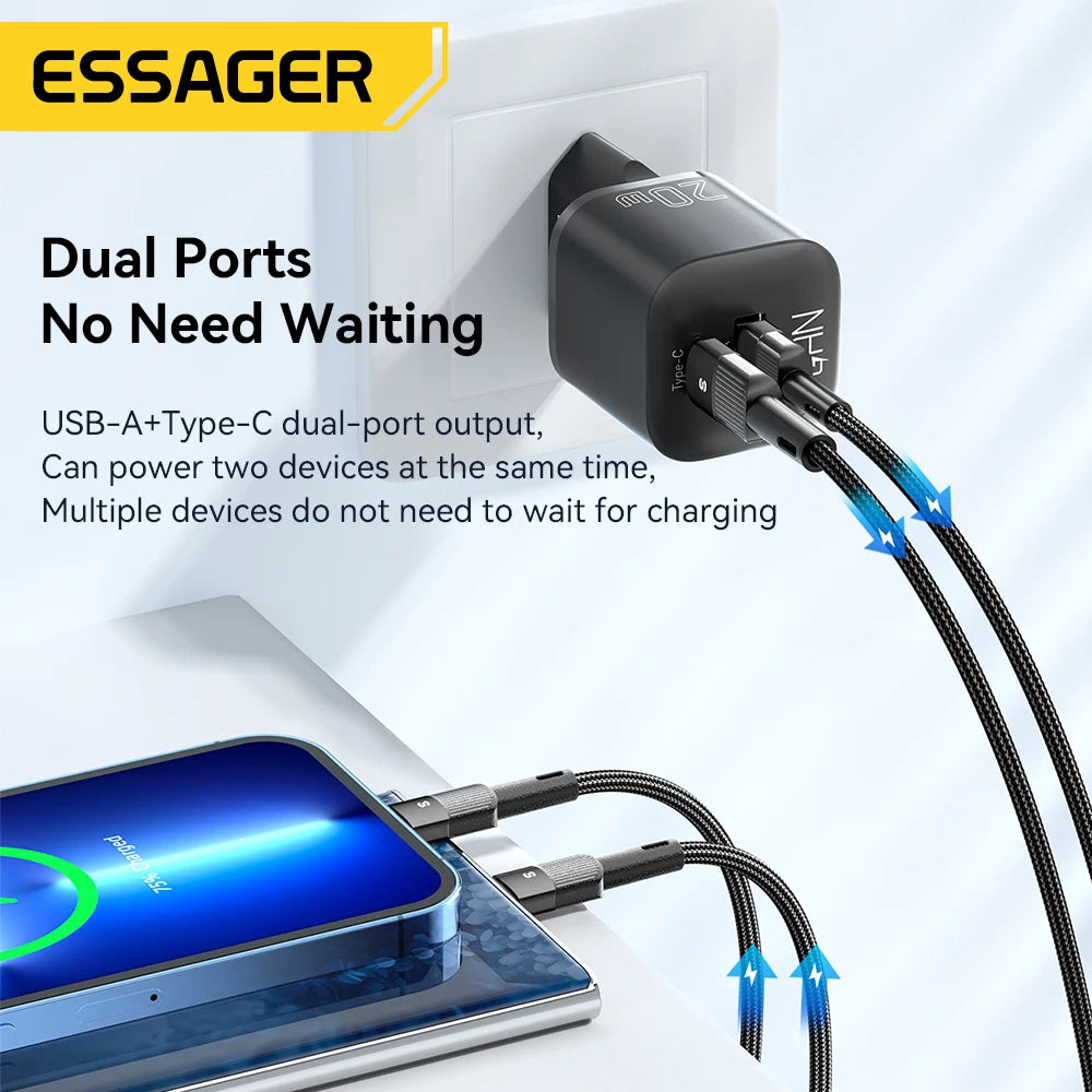 شاحن Essager 20W GaN USB Type C للشحن السريع PD QC 3.0 للهواتف الذكية iPhone 14 13 12 11 Pro Max Mini iPad